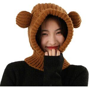 Women's Coffee Cute Bear Balaclava Warm Hooded Scarf Beanie Hat Skull Pullover
